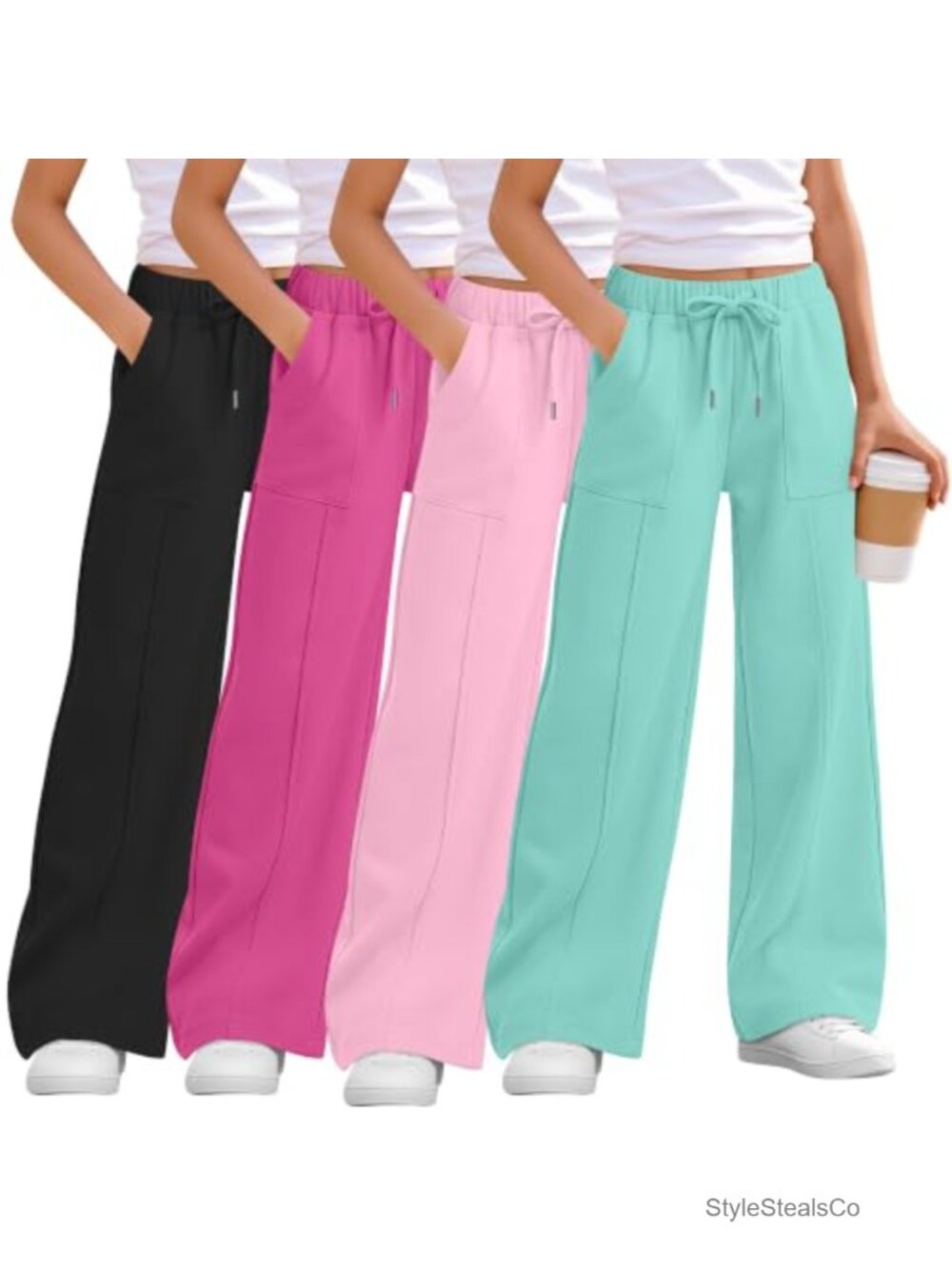 Girls Wide Leg Sweatpants 4 Pack Comfy Drawstring Pockets